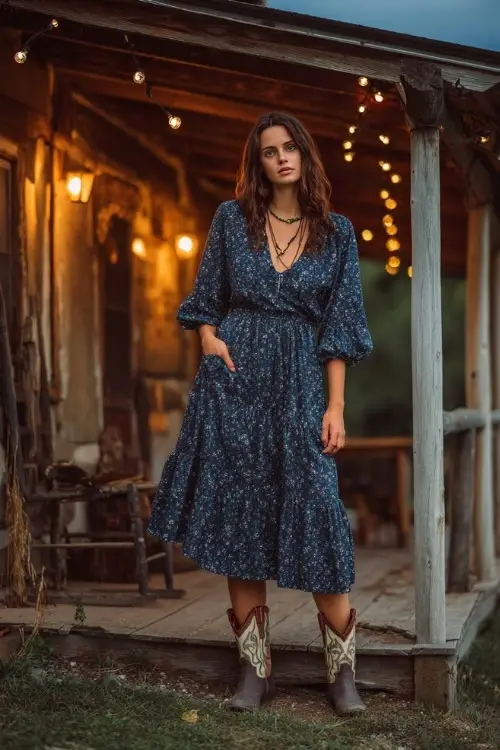 A woman wears a navy floral bohemian dress with bell sleeves, paired with cowboy boots and a layered necklace, standing on a rustic porch lit with string lights at dusk