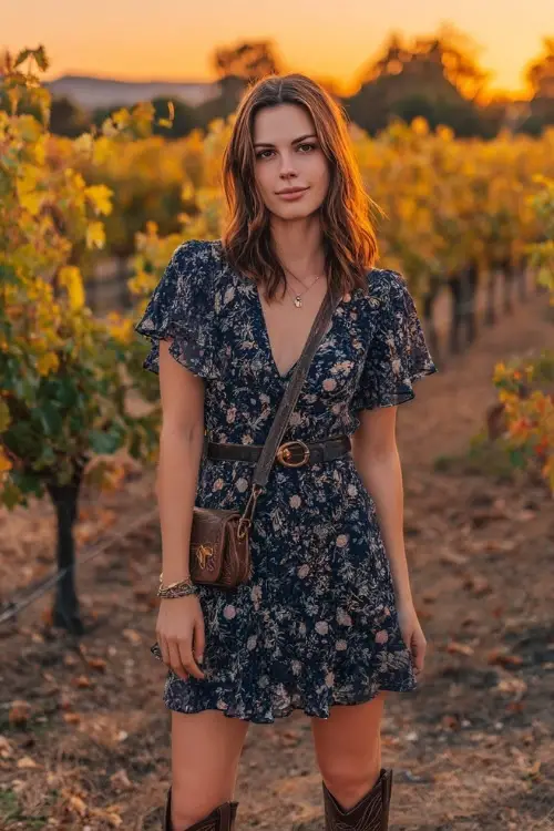 A woman wears a navy floral chiffon dress with short flutter sleeves, styled with western boots and a small crossbody bag, standing in a vineyard at sunset