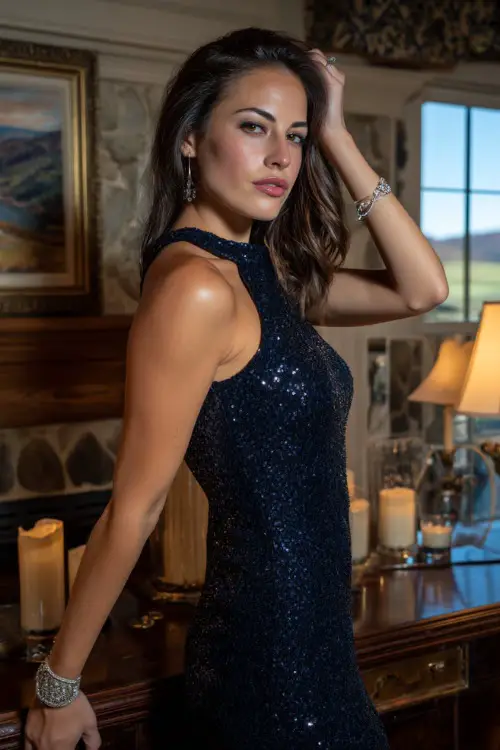 A woman wears a navy sequin cocktail dress with a fitted silhouette, styled with silver accessories, posing at a candlelit reception hall in a country club setting 
