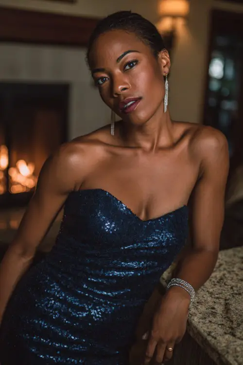 A woman wears a navy sequin cocktail dress with a fitted silhouette, styled with silver accessories, posing at a candlelit reception hall in a country club setting