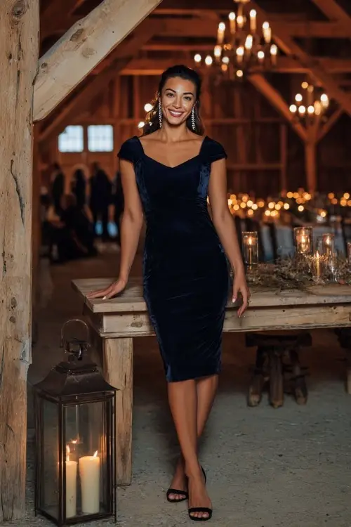 A woman wears a navy velvet cocktail dress with cap sleeves, accessorized with silver earrings and block heels, standing in a farmhouse-style wedding reception lit with lanterns