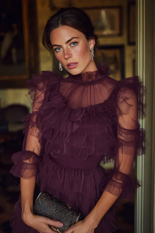 A woman wears a plum chiffon cocktail dress with layered ruffles and sheer sleeves, styled with silver earrings and a clutch