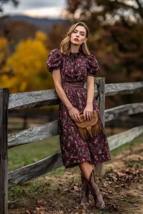 A woman wears a plum floral print midi dress with short puff sleeves, styled with cowboy boots and a fringe bag, standing on a wooden fence with fall leaves in the background 