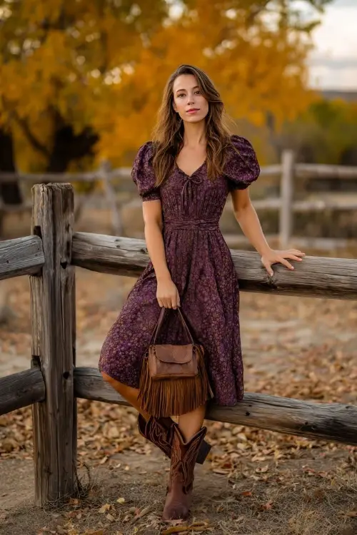 A woman wears a plum floral print midi dress with short puff sleeves, styled with cowboy boots and a fringe bag, standing on a wooden fence with fall leaves in the background 