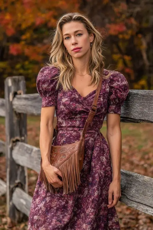 A woman wears a plum floral print midi dress with short puff sleeves, styled with cowboy boots and a fringe bag, standing on a wooden fence with fall leaves in the background
