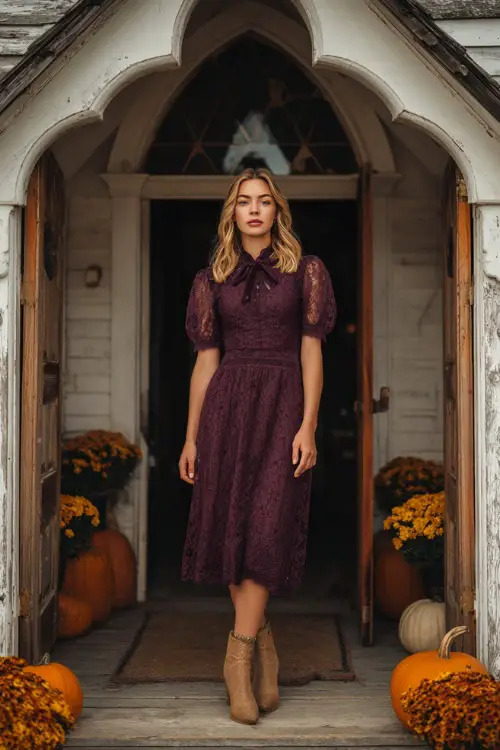 A woman wears a plum lace midi dress with illusion sleeves, styled with tan boots, standing at a countryside chapel entrance decorated with mums and pumpkins