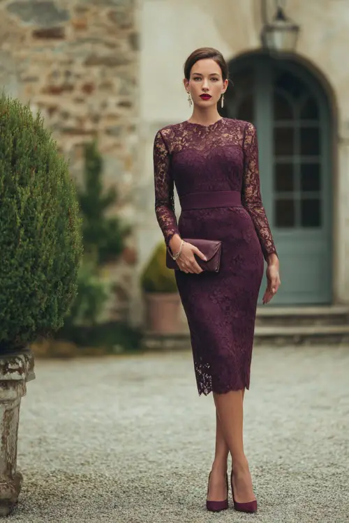 A woman wears a plum lace sheath dress with sheer long sleeves, pointed-toe pumps, and a matching clutch at an elegant country estate wedding 