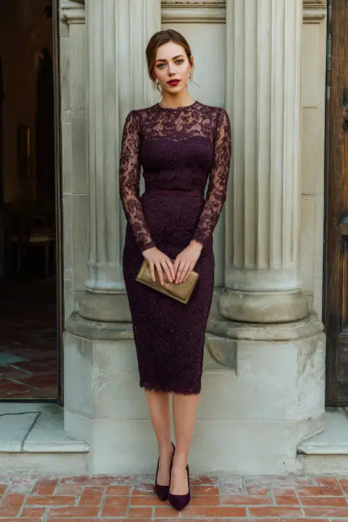 A woman wears a plum lace sheath dress with sheer long sleeves, pointed-toe pumps, and a matching clutch at an elegant country estate wedding 