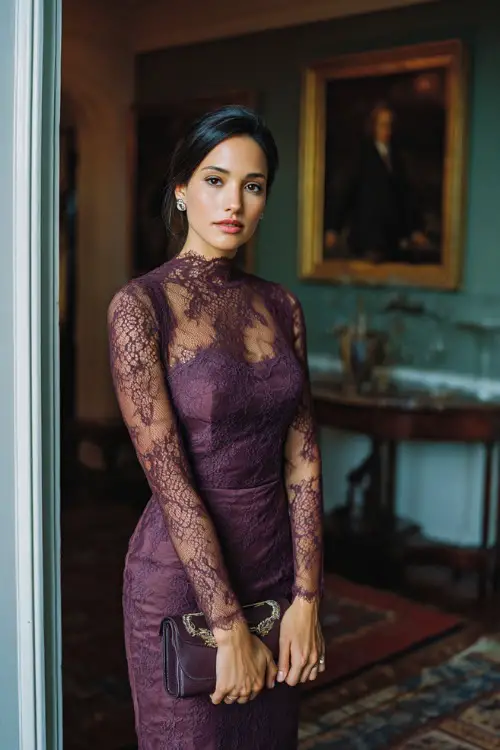 A woman wears a plum lace sheath dress with sheer long sleeves, pointed-toe pumps, and a matching clutch at an elegant country estate wedding