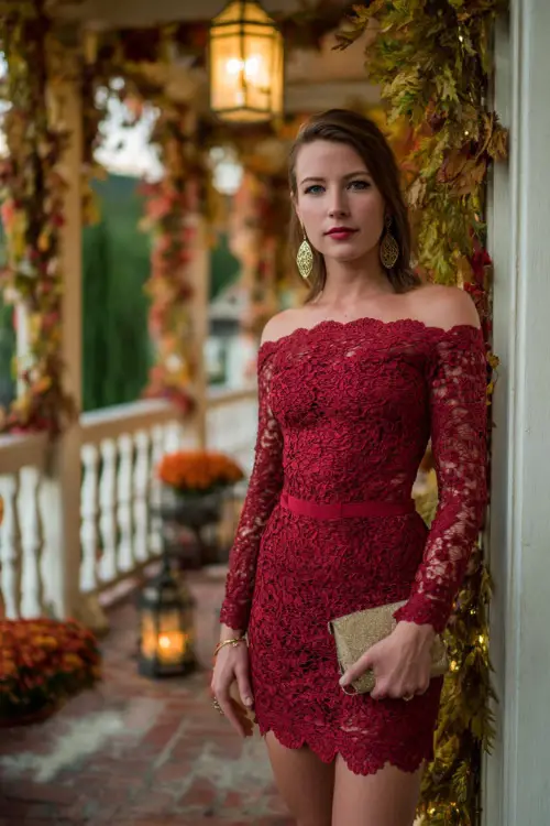 A woman wears a ruby red lace cocktail dress with scalloped hem, styled with gold hoops and a clutch, standing at a country club veranda decorated with fall garlands and lanterns 