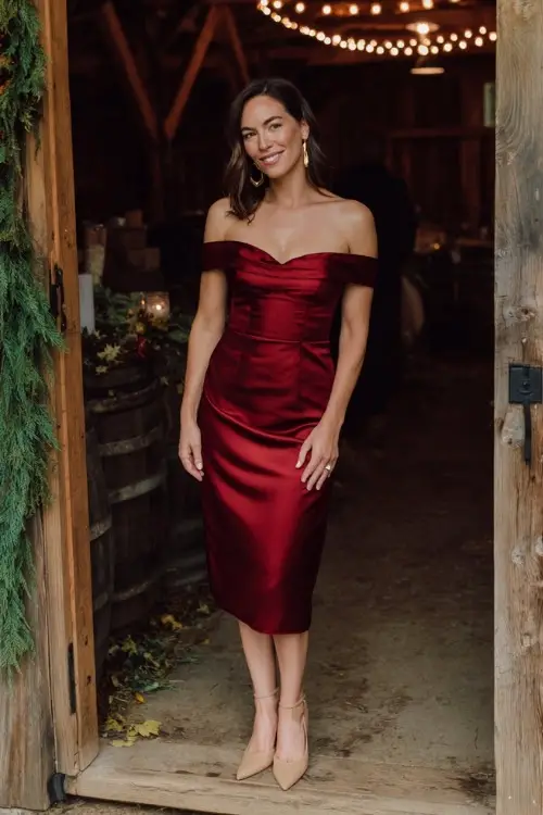 A woman wears a ruby red satin midi dress with off-the-shoulder neckline, accessorized with gold hoops and pumps, standing at the entrance of a rustic barn wedding with autumn garlands