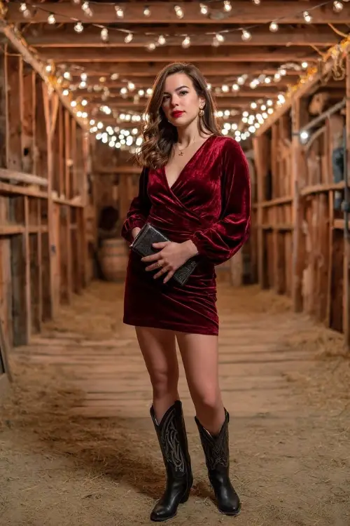 A woman wears a ruby red velvet wrap dress with bishop sleeves, accessorized with black cowboy boots and a clutch, posing inside a rustic barn lit with fairy lights 