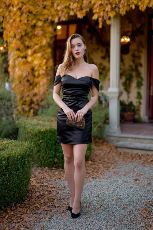 A woman wears a short black satin cocktail dress with an off-the-shoulder neckline, paired with black stilettos and a clutch