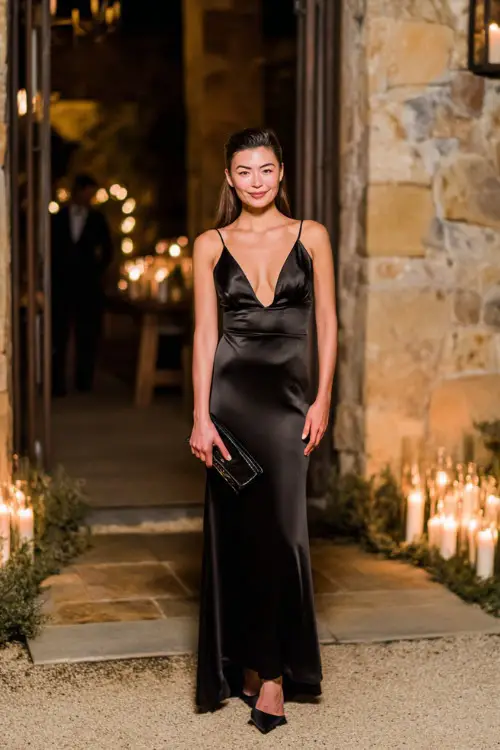 A woman wears a simple black floor-length satin gown with a deep V neckline and thin straps, paired with black stilettos and a clutch