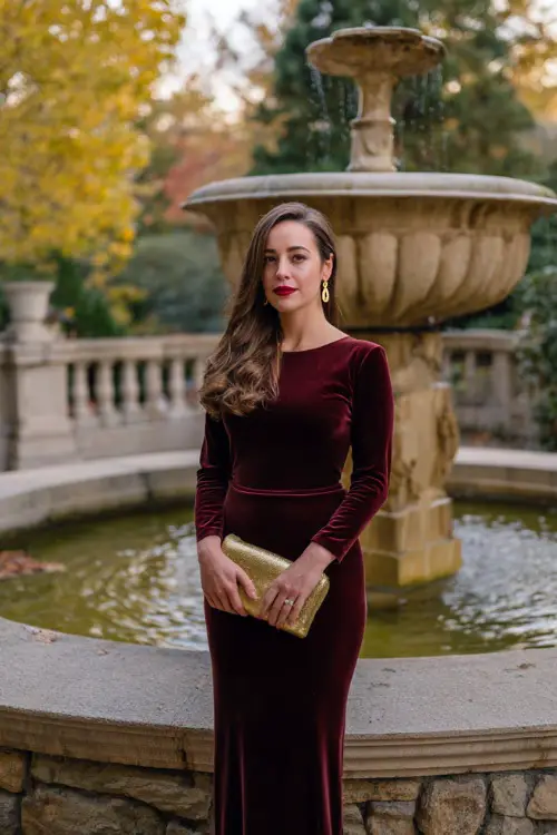 A woman wears a simple burgundy velvet column gown with long sleeves, accessorized with a gold clutch and earrings 