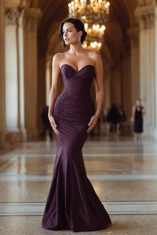 A woman wears a simple deep plum mermaid gown with a sweetheart neckline, accessorized with small pearl earrings, standing in a grand hallway with fall chandeliers above 