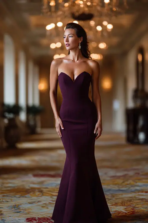 A woman wears a simple deep plum mermaid gown with a sweetheart neckline, accessorized with small pearl earrings, standing in a grand hallway with fall chandeliers above