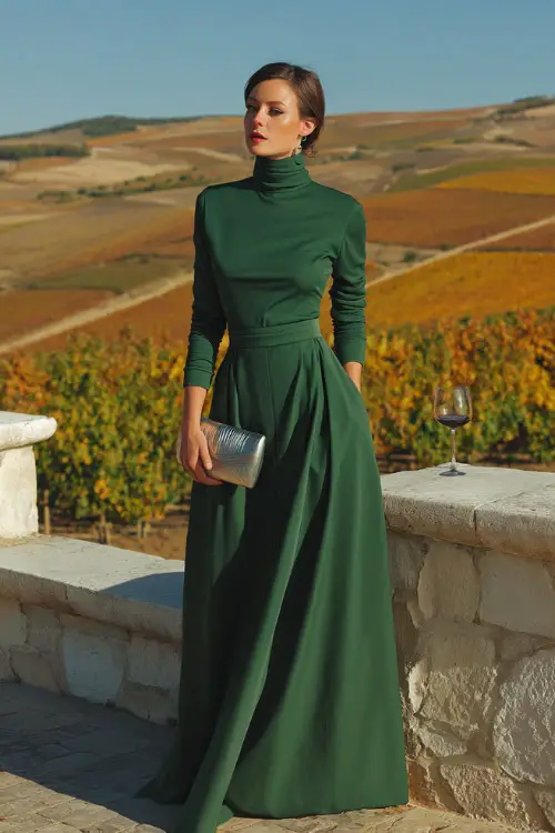 A woman wears a simple hunter green gown with a high neckline and long sleeves, accessorized with a metallic clutch