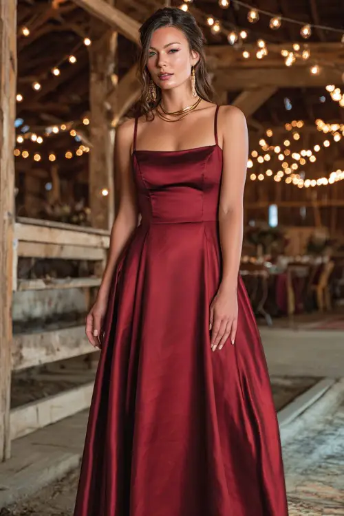 A woman wears a simple wine-red satin gown with a square neckline and flowing skirt, styled with subtle gold jewelry 