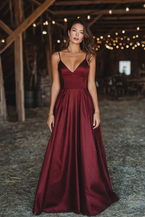 A woman wears a simple wine-red satin gown with a square neckline and flowing skirt, styled with subtle gold jewelry, standing in a rustic barn wedding decorated with string lights