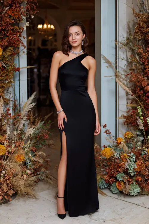 A woman wears a sleek black satin gown with a one-shoulder neckline and slit, accessorized with silver jewelry, standing in a chic modern wedding hall with autumn floral arches 