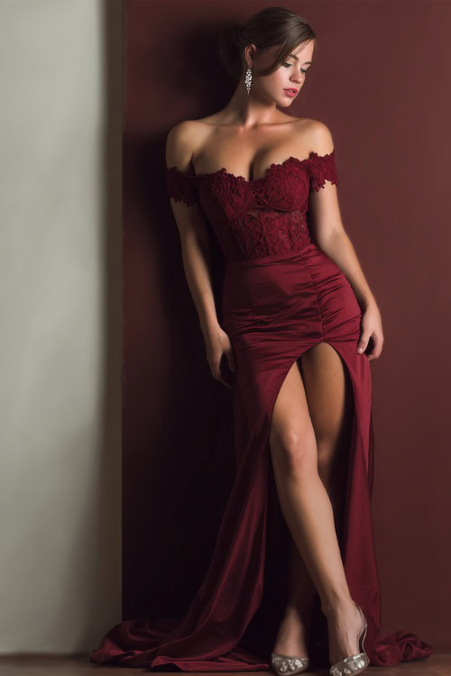 A woman wears a wine-red off-shoulder gown with lace details and a fishtail hem, paired with crystal earrings and metallic heels for a dramatic evening look