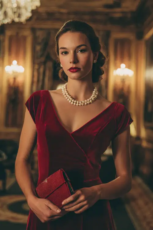 A woman wears a wine-red velvet A-line gown with cap sleeves, pearl necklace, and matching clutch in a candlelit ballroom