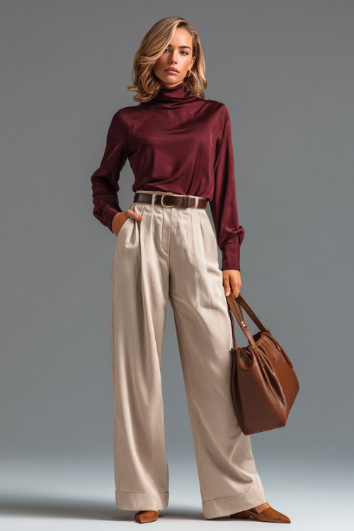 Business-ready woman in beige wide-leg trousers and a high-neck burgundy blouse, styled with brown flats and a soft leather bag, posed full-body 