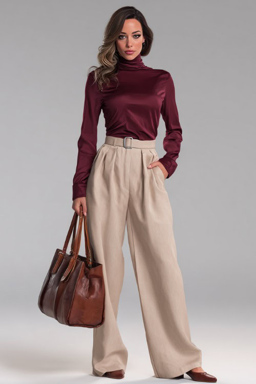 Business-ready woman in beige wide-leg trousers and a high-neck burgundy blouse, styled with brown flats and a soft leather bag, posed full-body