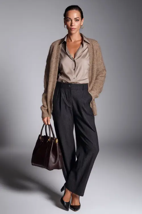 Elegant fall look with woman in dark tailored trousers, a collared button-up, and a soft brown cashmere cardigan, classic leather handbag, full-body shot in studio 