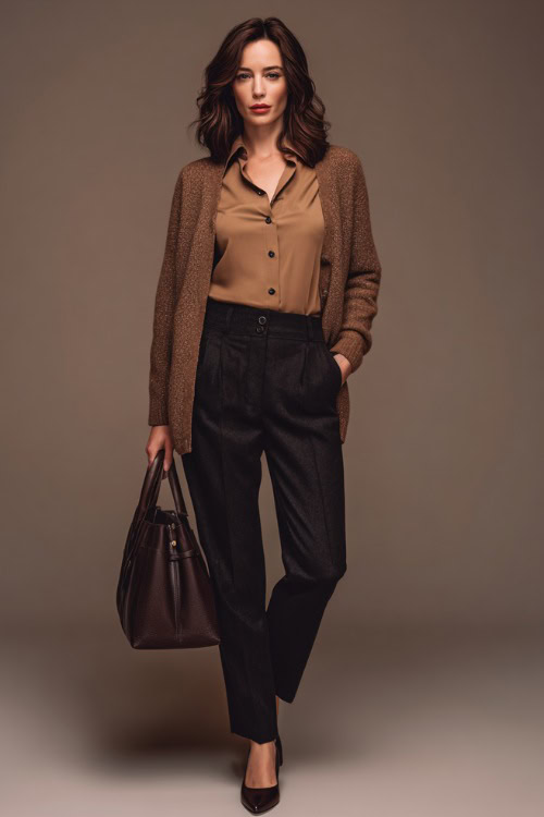 Elegant fall look with woman in dark tailored trousers, a collared button-up, and a soft brown cashmere cardigan, classic leather handbag, full-body shot in studio