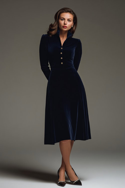 Elegant outfit with a woman in a navy velvet midi dress with long sleeves and structured cuffs, paired with pearl studs and kitten heels, studio background