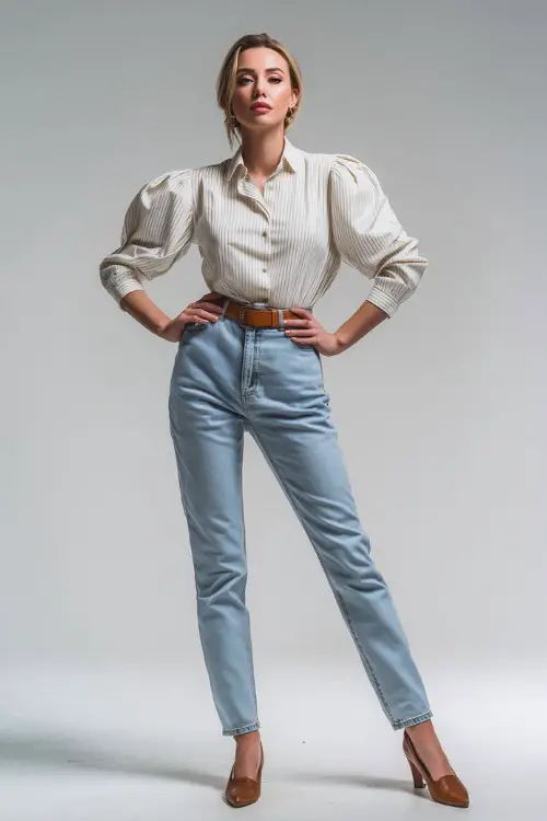 Elegant outfit with a woman in high-rise light blue jeans and a tucked-in puff-sleeve white blouse, tan belt, leather flats, posed full-body in a light studio