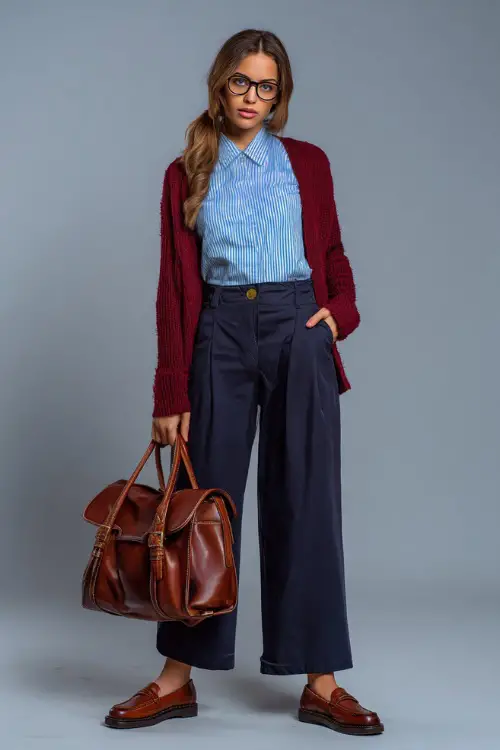 Elegant outfit with woman in navy wide-leg trousers, a tucked-in light blue oxford shirt and a burgundy cardigan tied around her shoulders, brown loafers and a leather satchel 