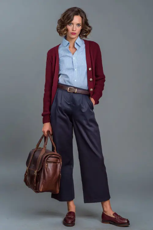 Elegant outfit with woman in navy wide-leg trousers, a tucked-in light blue oxford shirt and a burgundy cardigan tied around her shoulders, brown loafers and a leather satchel