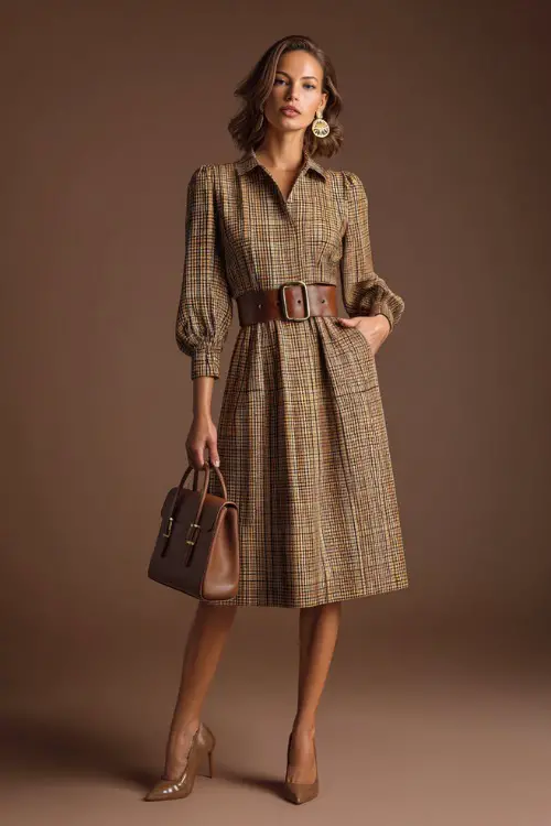 Elegant woman in a belted plaid midi dress with long sleeves and classic heels, accessorized with gold earrings and a minimalist handbag, full-body in studio