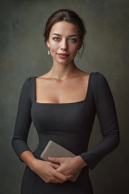 Elegant woman in a dark gray fitted midi dress with princess seams and a square neckline, pearl studs and a small clutch 