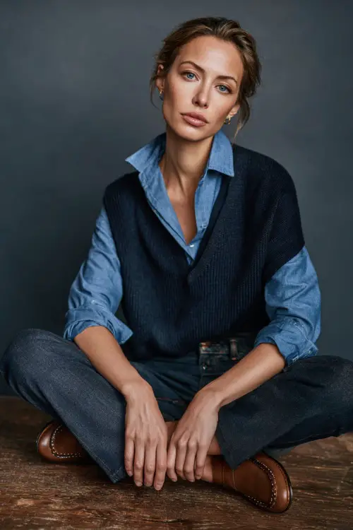 Elegant woman in high-rise dark denim paired with a button-down blue shirt and navy pullover sweater draped over the shoulders, styled with classic loafers