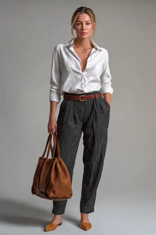 Elegant woman in pinstripe wool trousers with a tucked-in collared white shirt and a leather belt, tan flats and a minimalist bag, clean studio shot