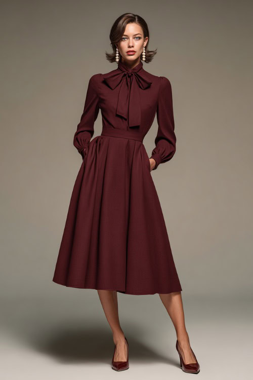Elegant woman wearing a burgundy A-line dress with long sleeves and a bow at the neckline, pearl earrings and block heels, clean neutral studio 