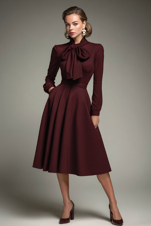 Elegant woman wearing a burgundy A-line dress with long sleeves and a bow at the neckline, pearl earrings and block heels, clean neutral studio