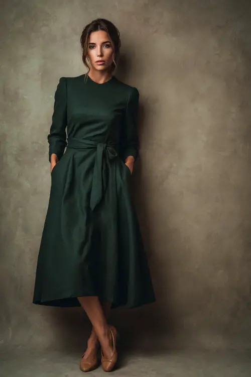 Elegant woman wearing a dark green midi-length wool dress with long sleeves and a tie belt, styled with tan ballet flats, soft studio backdrop