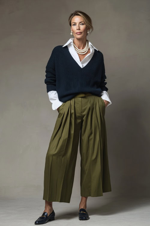 Elegant woman wearing olive green pleated trousers with a navy sweater draped over her shoulders and white collared shirt, pearl earrings and loafers 