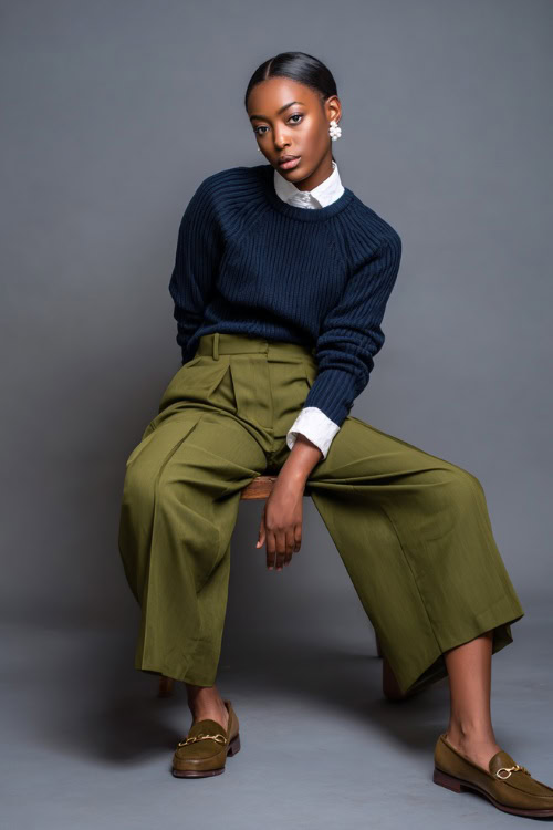 Elegant woman wearing olive green pleated trousers with a navy sweater draped over her shoulders and white collared shirt, pearl earrings and loafers