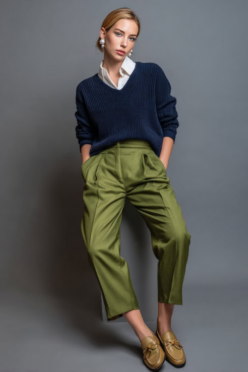 Elegant woman wearing olive green pleated trousers with a navy sweater draped over her shoulders and white collared shirt, pearl earrings and loafers