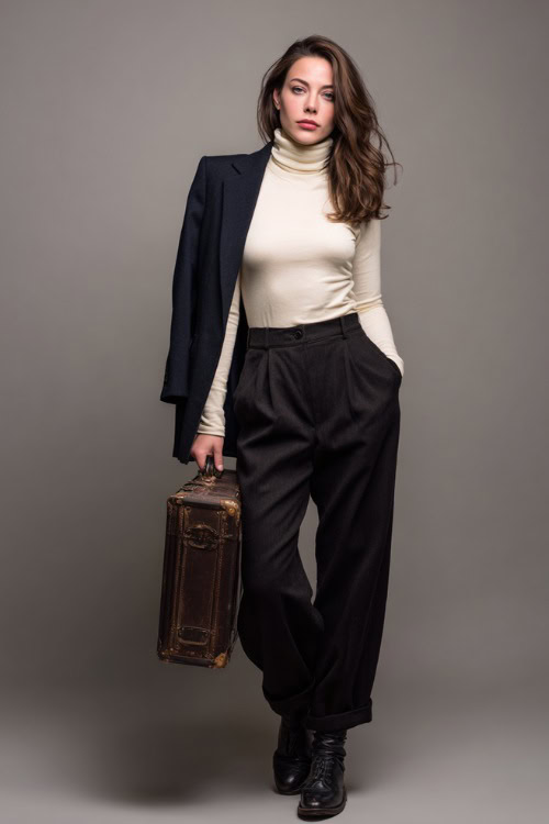 Full-body image of a woman in black tailored trousers and a soft ivory turtleneck, navy wool blazer draped over the shoulders, leather shoes and briefcase 