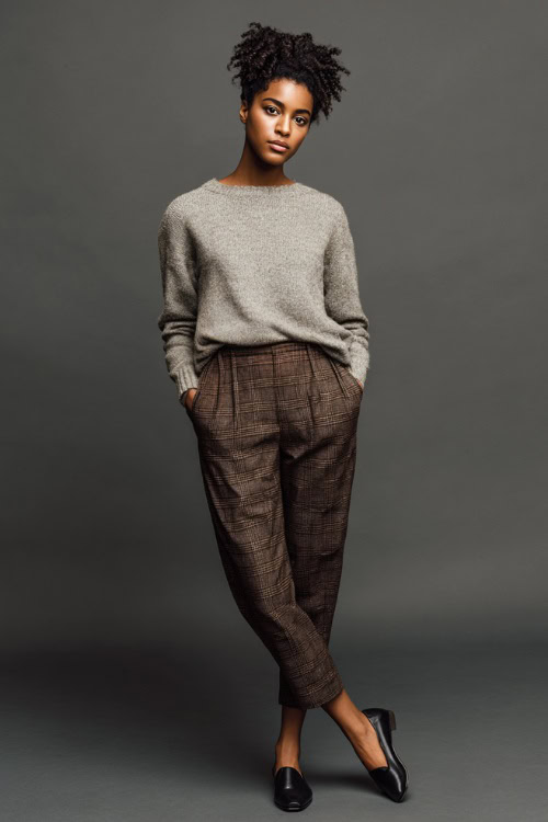 Full-body image of a woman in brown plaid pants with a soft gray wool sweater tucked in and polished black flats, minimalist studio 