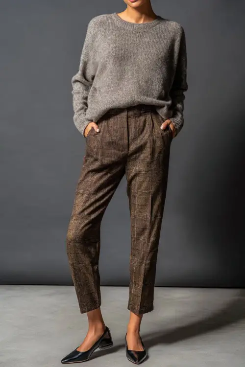 Full-body image of a woman in brown plaid pants with a soft gray wool sweater tucked in and polished black flats, minimalist studio 