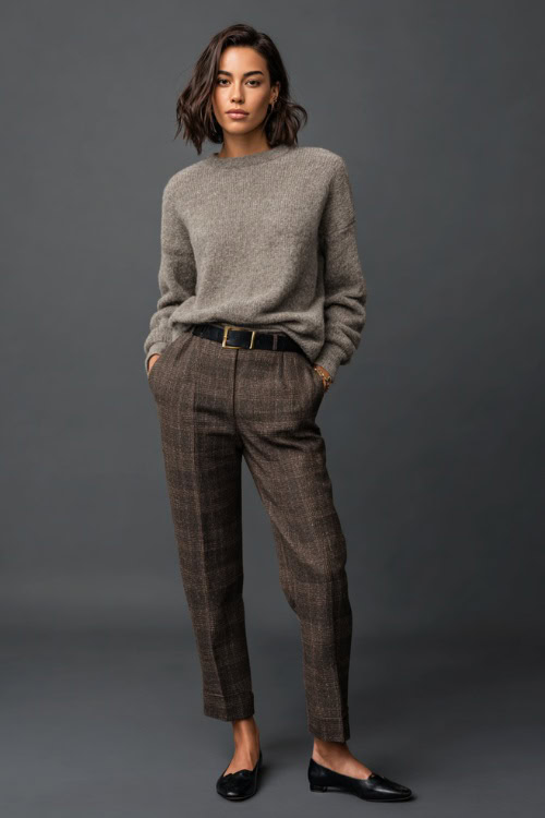 Full-body image of a woman in brown plaid pants with a soft gray wool sweater tucked in and polished black flats, minimalist studio