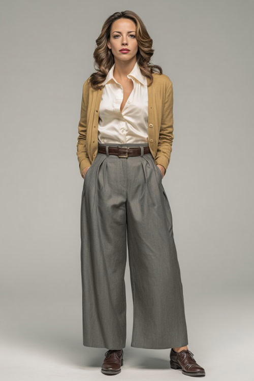 Full-body image of a woman in gray wide-leg pants and a belted tan cardigan over a white blouse, finished with vintage leather shoes, clean background 